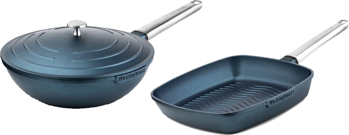 Westinghouse Pannenset Performance (Wokpan + Grillpan) ø 28 Cm - Blauw - Inductie En Alle Andere Warmtebronnen 3 Westinghouse Pannenset Performance (Wokpan + Grillpan) ø 28 Cm - Blauw - Inductie En Alle Andere Warmtebronnen